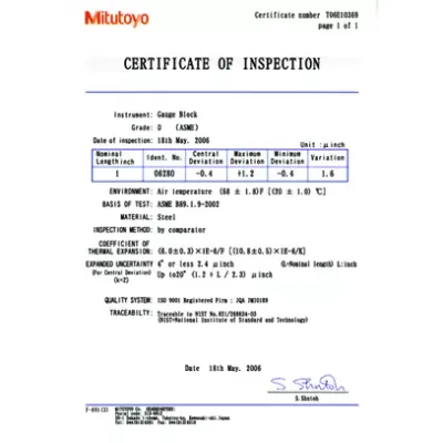 Parallelendmaß-Satz, metrisch, Herstellerprüfzertifikat, ISO 516-370-10