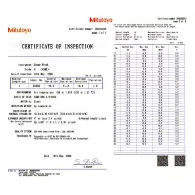 Parallelendmaß-Satz, metrisch, JCSS-Kalibrierzertifikat, ISO 516-833-60